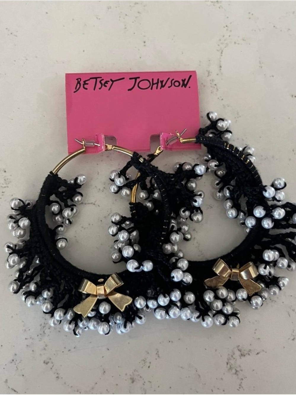 Betsey Johnson Black Pearl-Embellished Hoop Earrings